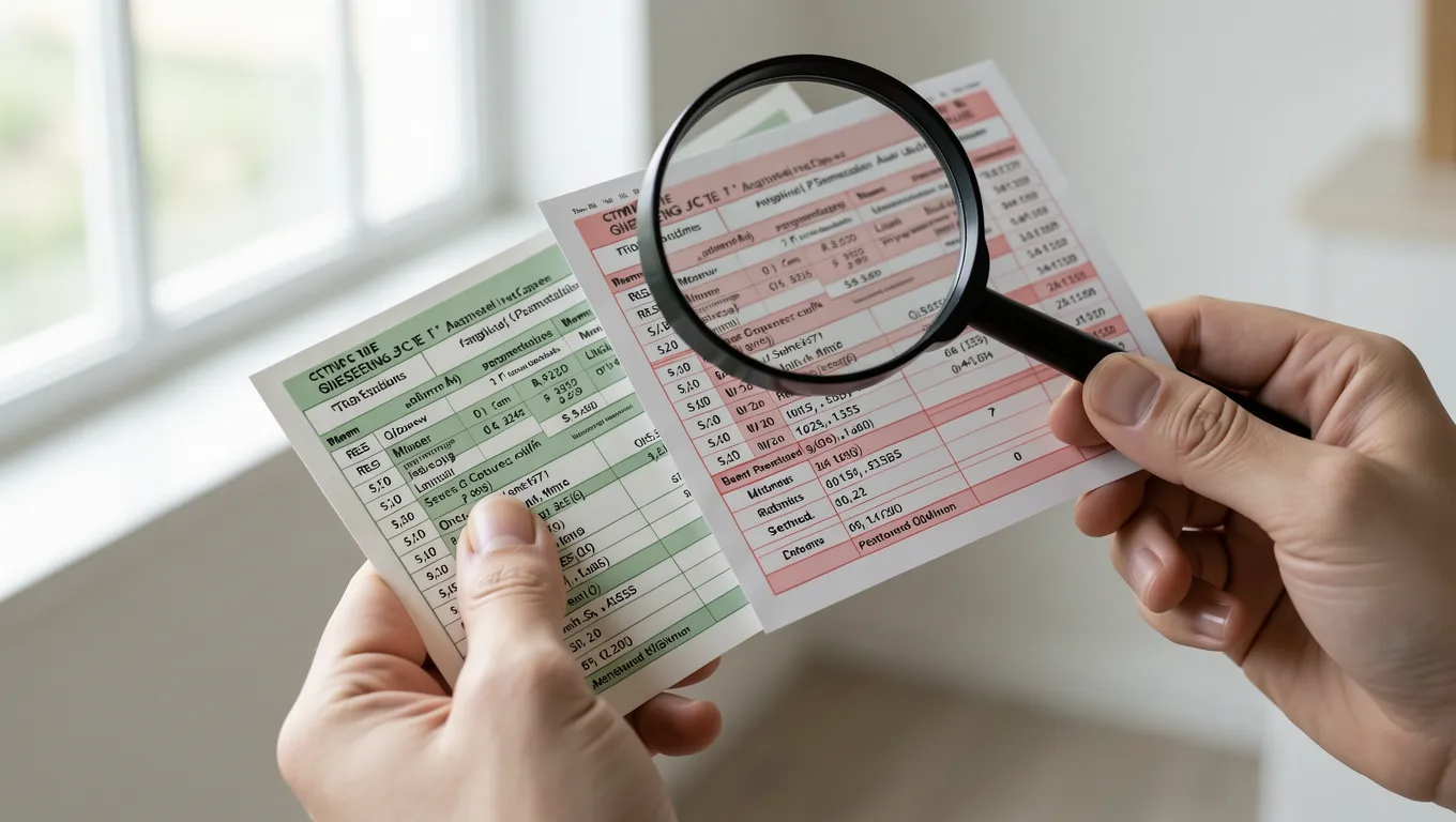 Close up view of financial documents and a magnifying glass