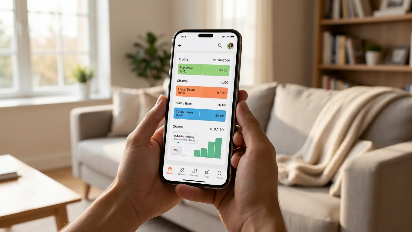 Person using a mobile finance application in a bright living room