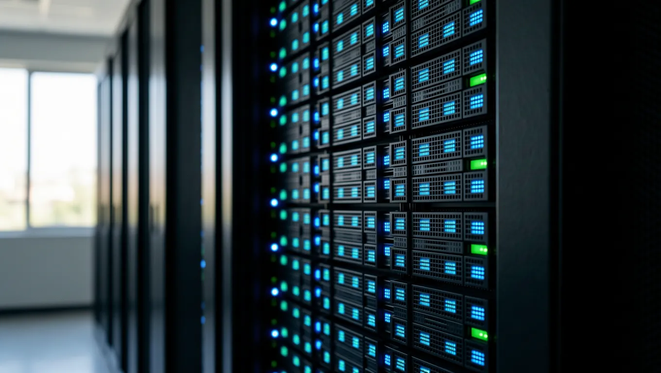High-tech server rack with glowing blue LEDs in a data center