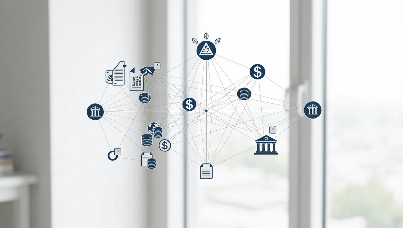 Digital network of nodes connecting various financial institution icons
