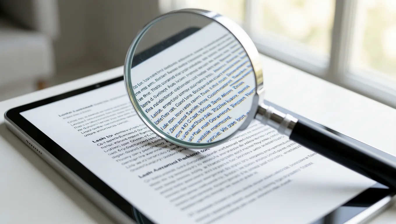 Magnifying glass inspecting digital loan contract fine print