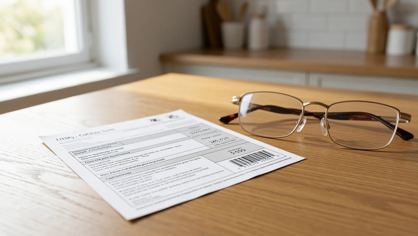 Utility bill and reading glasses on a wooden table