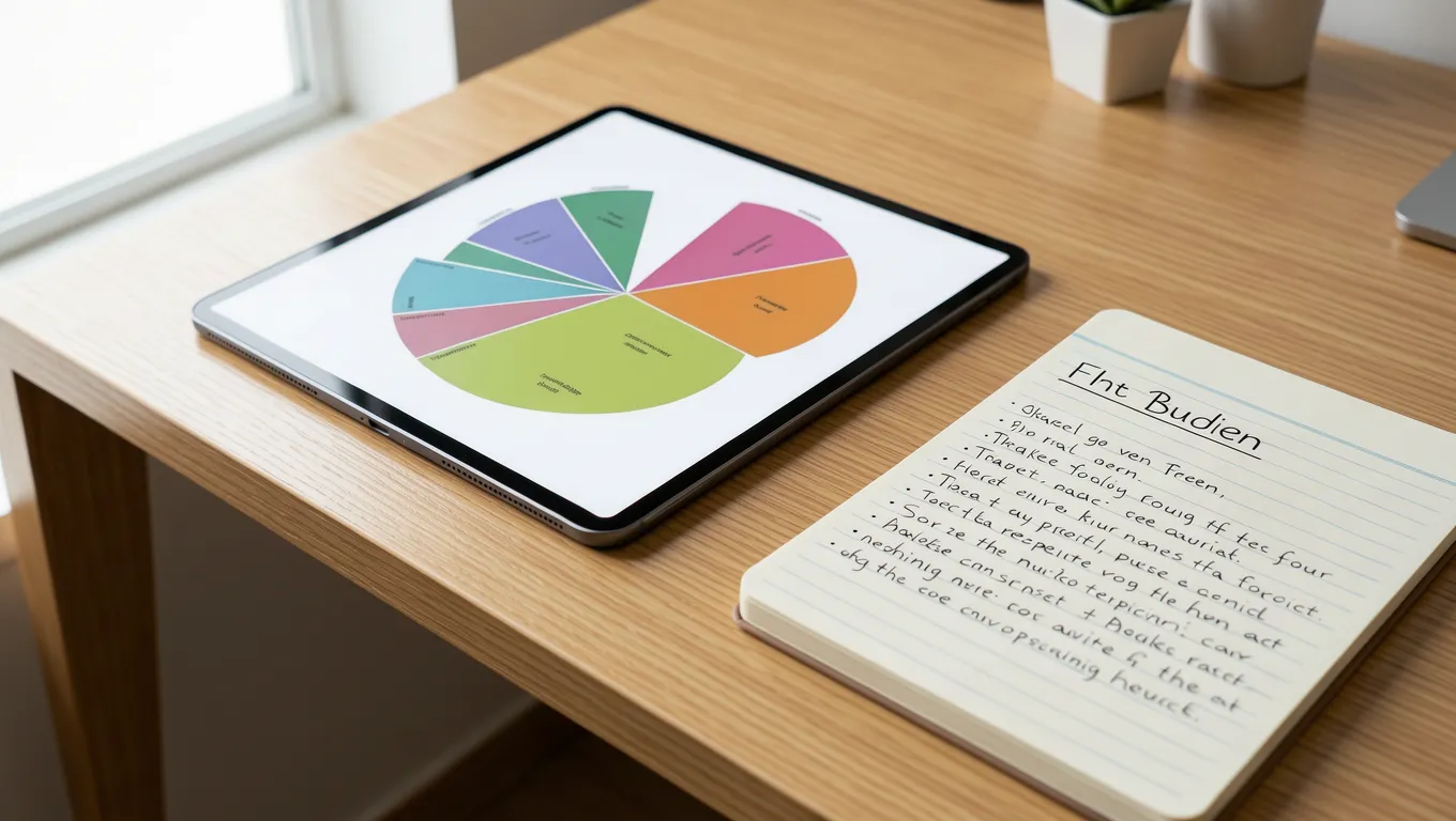 Organized workspace featuring a digital budget chart and notebook