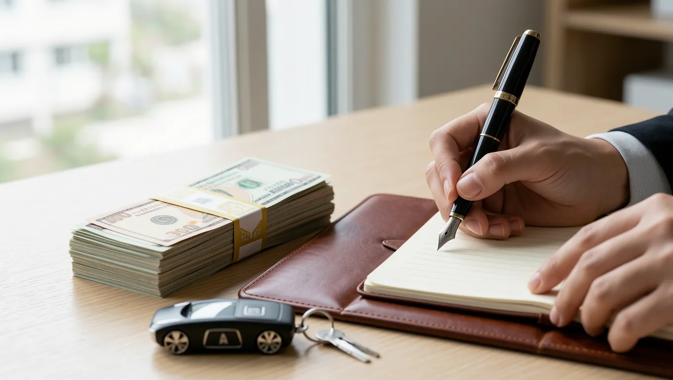 Person writing financial goals in a high quality planner