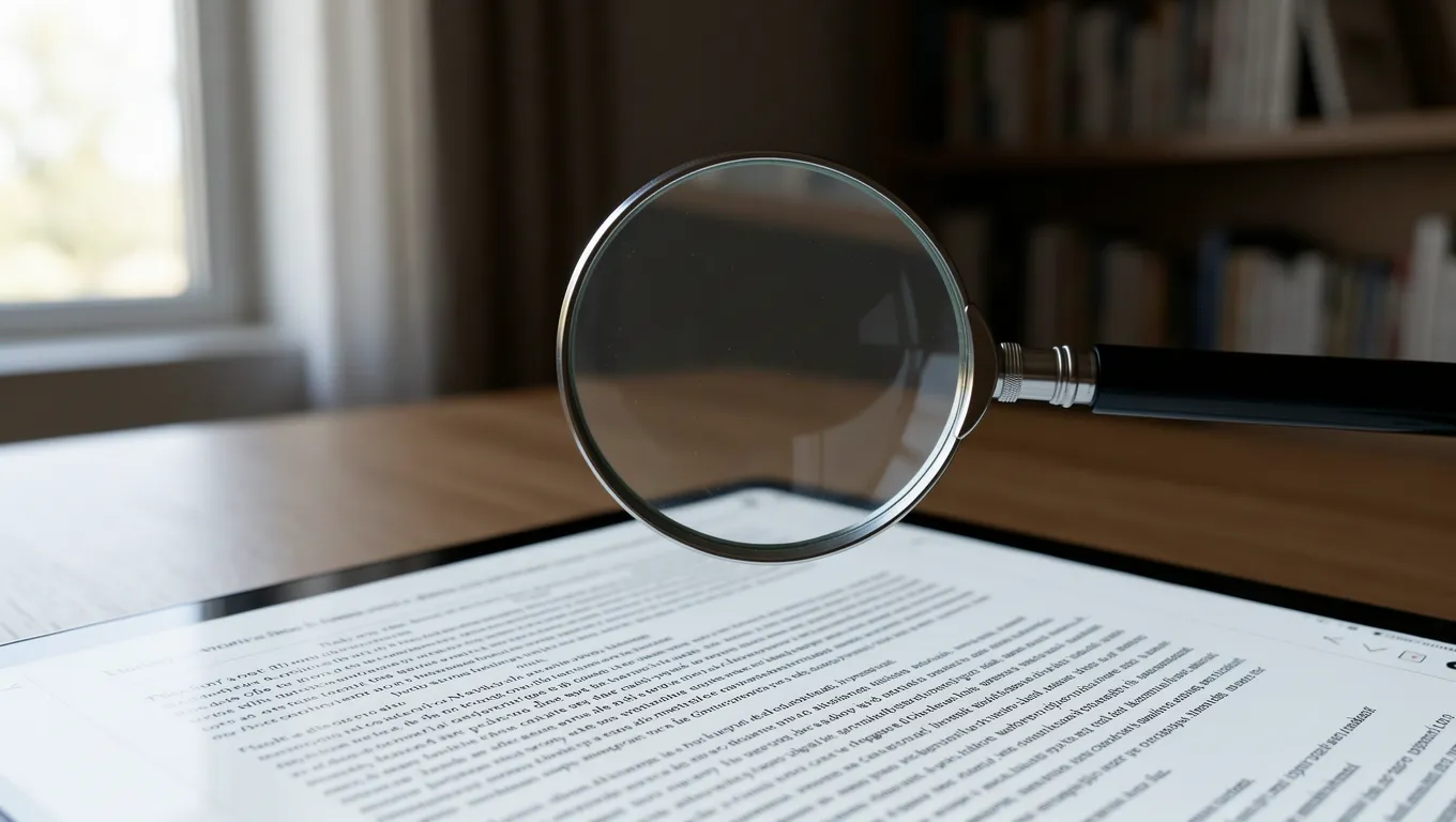 Magnifying glass inspecting digital terms and conditions on a tablet