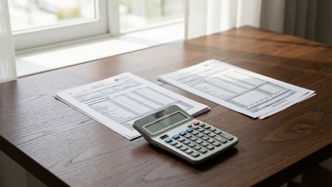 Financial documents and a calculator on a wooden desk in soft light