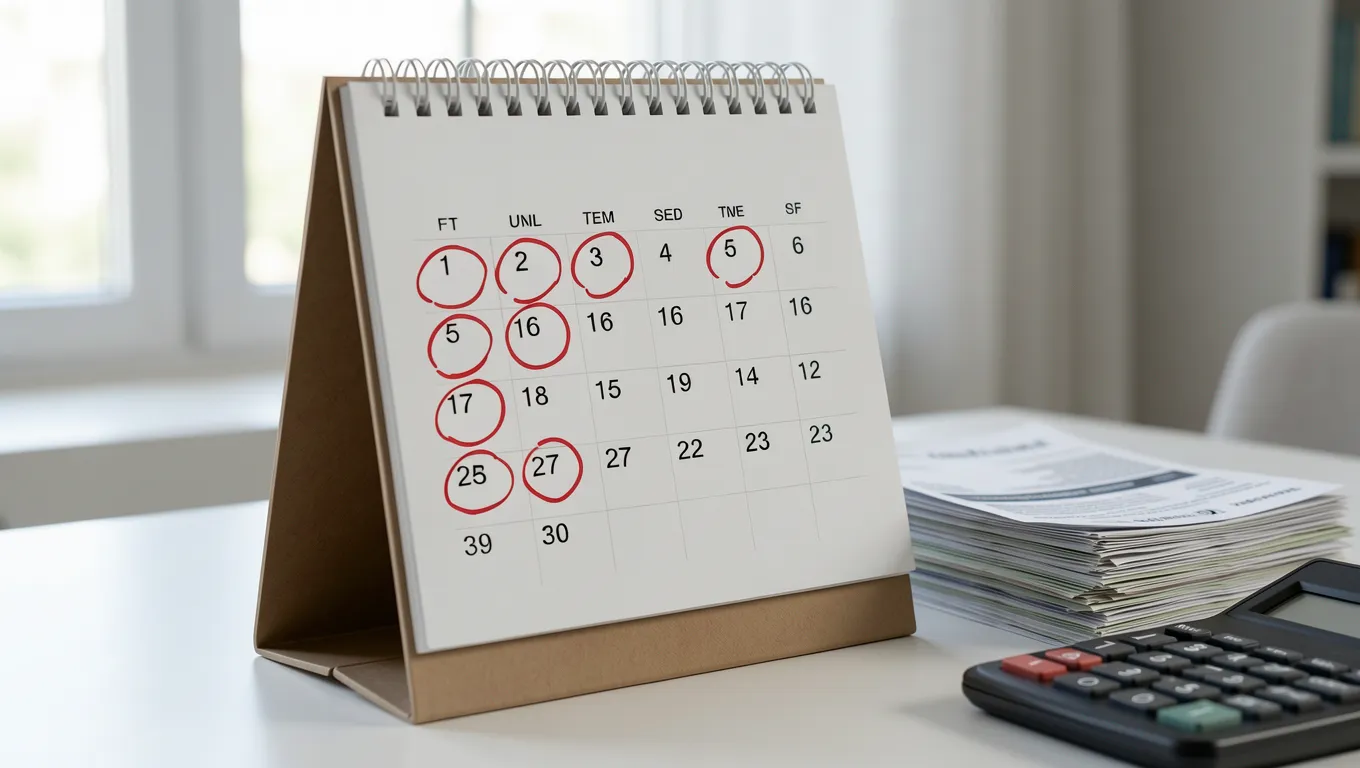 Physical desk calendar with circled dates and financial documents