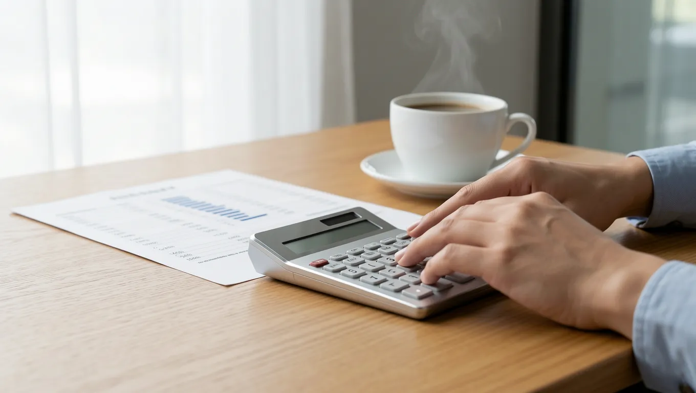 Hands using a calculator with loan documents on a wooden table