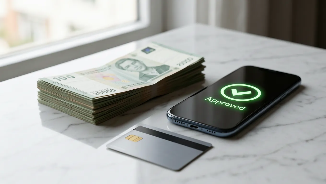 A stack of cash and a smartphone showing fast unsecured loans approval in 2026
