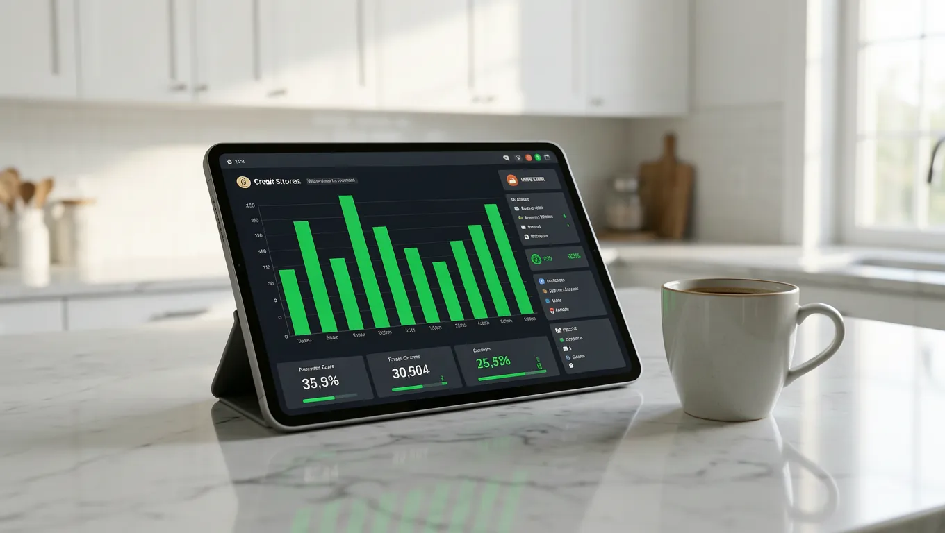 A digital tablet showing online unsecured personal loans data on a marble counter.