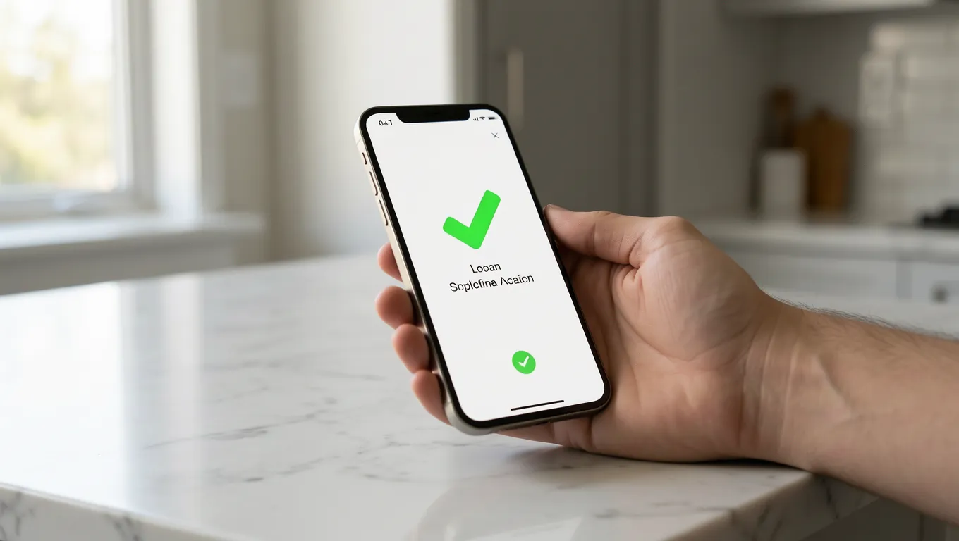 A mobile phone showing a successful rapid personal loans application status on a marble surface
