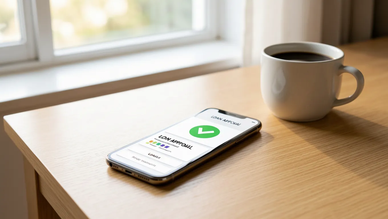 Smartphone showing fast same day personal loans approval status on a desk