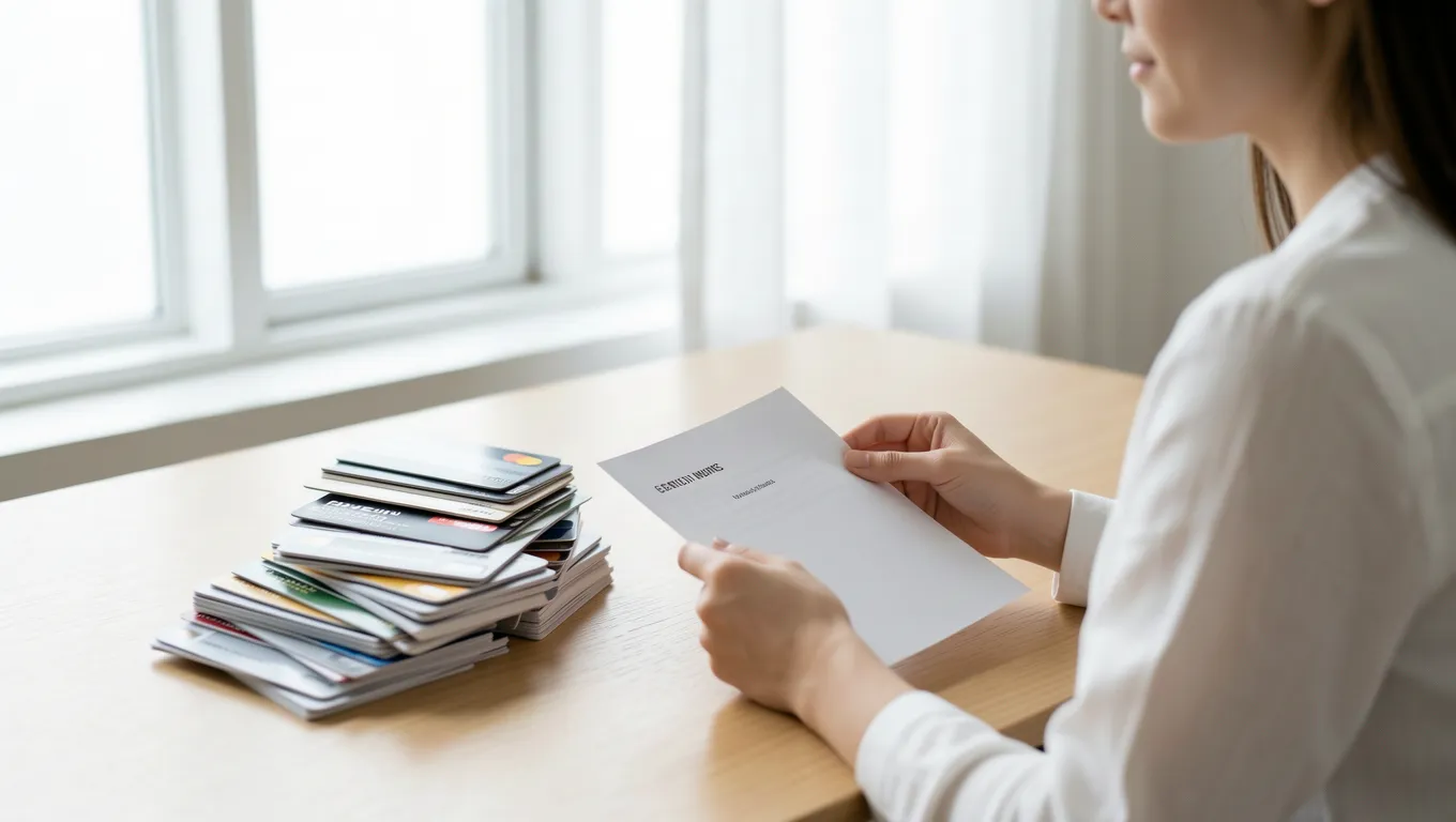 An organized workspace showing one bill replacing multiple cards for unsecured debt consolidation loans.